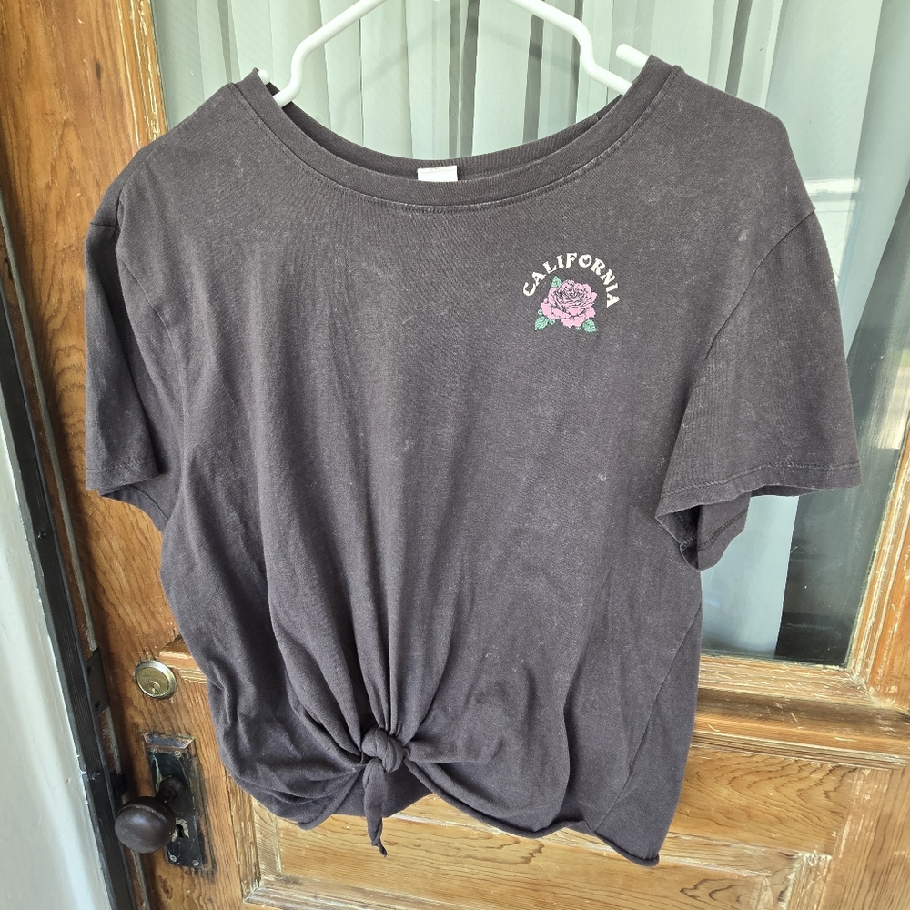 Womens Cropped Tie Tee Shirt Grey California Floral sz XL